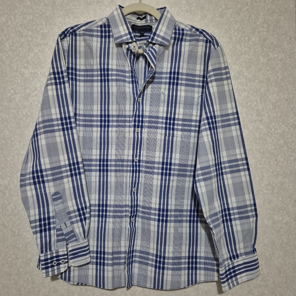 Tommy Hilfiger Navy and White Checkered Shirt....SIZE:L